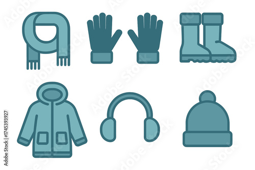 Essential winter season clothing and accessories items presented in blue tones