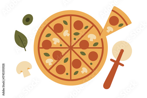 Overhead view of a whole sliced pizza with mushroom and basil toppings and a cutter