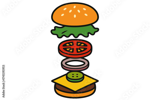 Exploded view of a classic cheeseburger showing all the floating ingredients