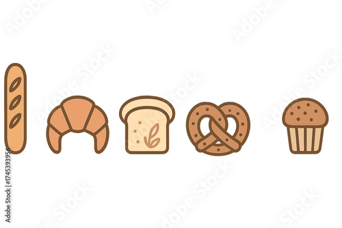 Collection of popular bakery icons including baguette, croissant, sliced bread, pretzel, and muffin