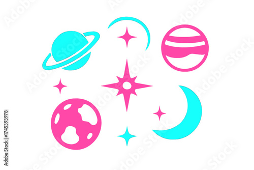 Bright neon pink and cyan cosmic icons featuring planets stars and crescent moon