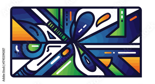 An abstract geometric illustration featuring vibrant colors, dynamic lines, and shapes, creating a modern design.