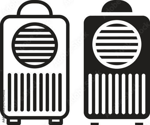Two simple line art icons of portable air coolers or humidifiers