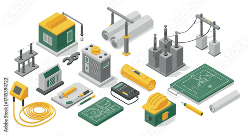 Isometric power station equipment and tools set for industrial planning