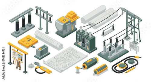 Isometric electrical engineering set with power grid elements and tools