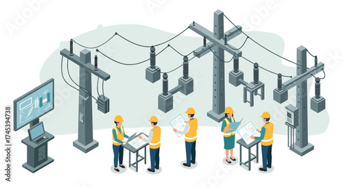 Engineers analyzing electrical substation in isometric style with modern technology