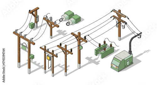 Isometric power lines and electrical equipment in detailed illustration