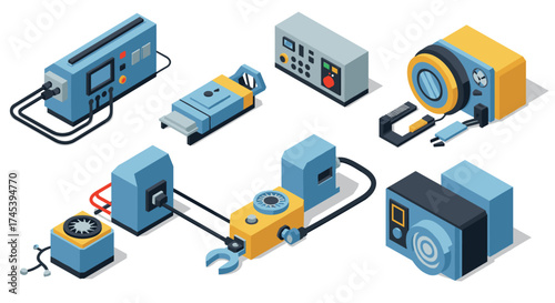 Isometric technology devices and tools in modern 3d design