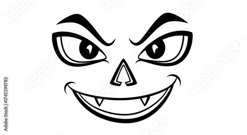 A stylized, black and white illustration of a sinister, cartoonish face with sharp teeth.