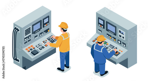 Isometric industrial control room with engineers operating panel equipment