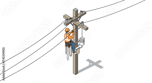 Isometric illustration of technician working on power line pole