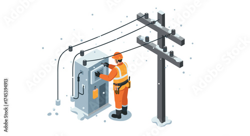 Isometric winter utility worker fixing power box in snowy environment