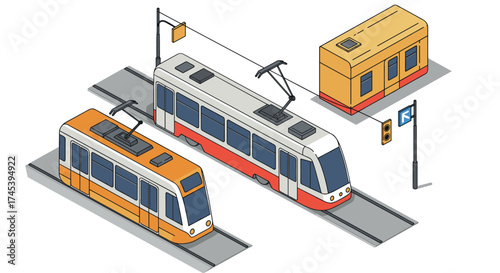 Isometric urban tram and bus design with detailed transportation elements