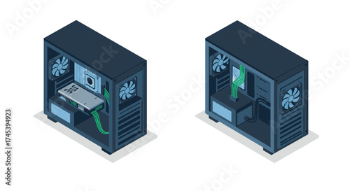 Isometric computer cases with transparent sides and internal components