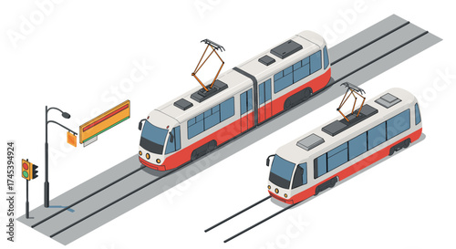 Isometric modern tramway scene with street elements and railway tracks