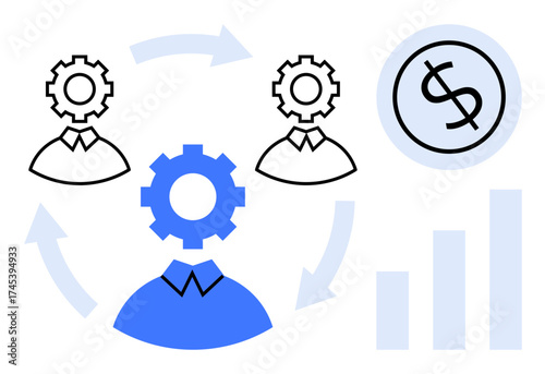 Gear-headed individuals linked by arrows symbolize teamwork, productivity cycles, financial achievement, and data visualization. Ideal for teamwork, workflow, finance, productivity, business