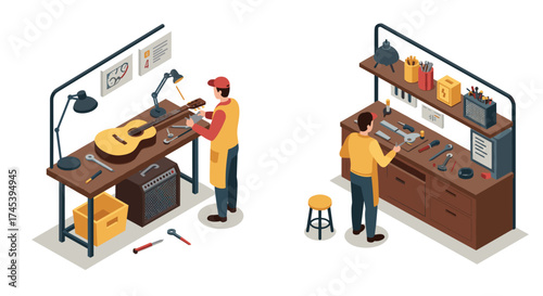 Isometric workshop scene with craftsmen repairing guitar and tools on workbench