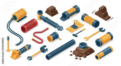 Isometric construction tools and equipment with soil elements on white background