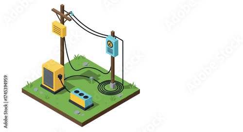 Isometric outdoor electrical equipment setup on grass patch