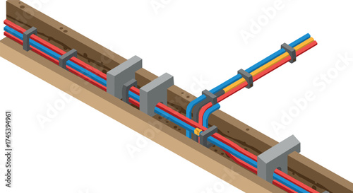 Isometric illustration of colorful electrical wiring in conduit