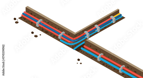 Isometric underground pipeline network with colorful cables and soil sections