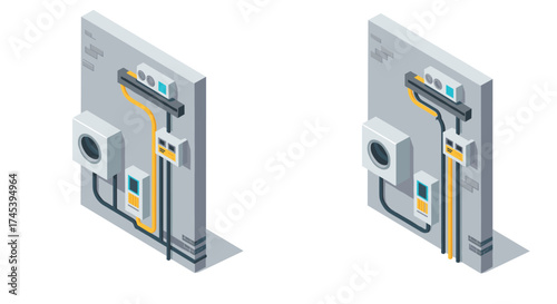 Isometric view of modern air conditioning units with wiring on walls