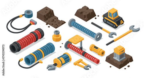 Isometric construction tools and machinery set for industrial design