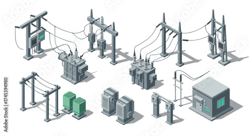 Isometric power substation components and electrical grid equipment