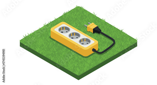 Isometric yellow power strip on grass patch with plug and green turf