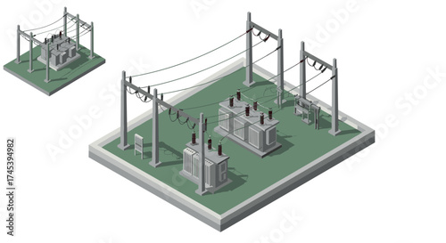 Isometric power substation with electrical equipment on white background