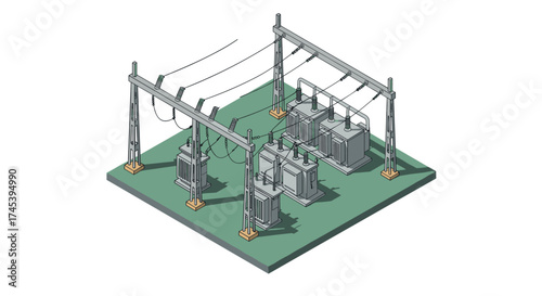 Isometric electrical substation with transformers and power lines