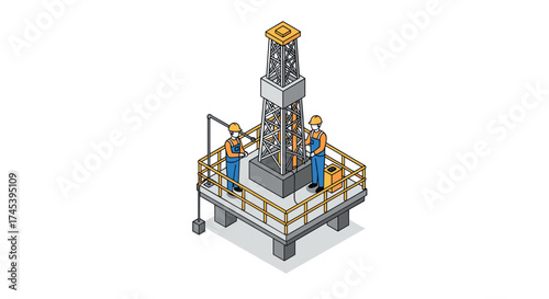Isometric oil rig platform with engineers in hard hats and safety vests