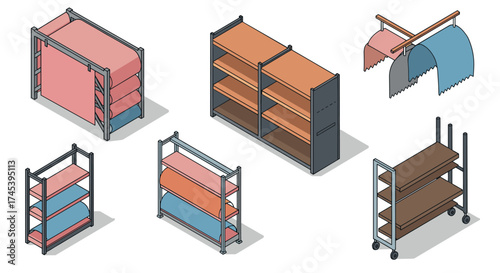 Isometric wooden shelving and fabrics modern storage design elements