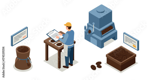 Coffee production process isometric design of worker, equipment, and coffee beans