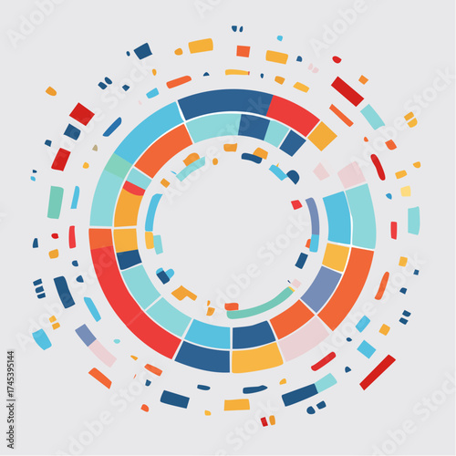Abstract circular graphic with colorful segmented rings and fragments.