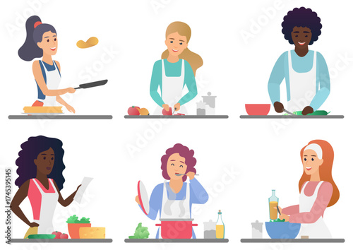 Cartoon happy cute people cooking set isolated vector illustration