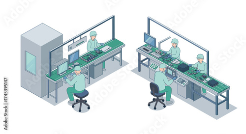 Isometric factory workers in electronics manufacturing assembly line