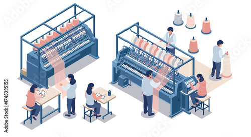 Isometric textile factory scene with workers operating machines and managing production