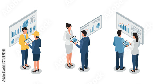 Business professionals analyzing data on interactive screens in isometric style