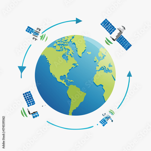 Illustration depicting satellites orbiting Earth, representing global communication and technology.