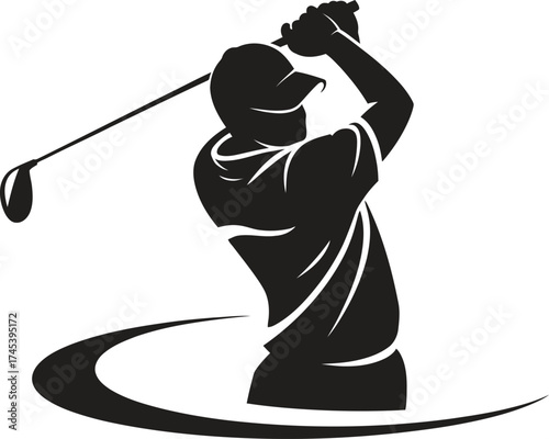 Silhouette of a golfer swinging a club with a stylized swoosh