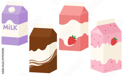 Set of paper boxes with fresh milk. Colored flat cartoon vector illustration isolated on white background. Packaging, dairy product