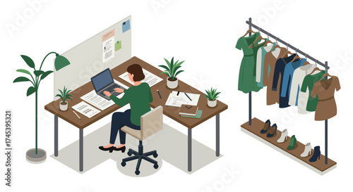Isometric office and fashion workspace with clothing rack and laptop