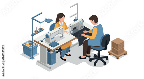 Isometric sewing workshop with tailors working on sewing machines and fabrics