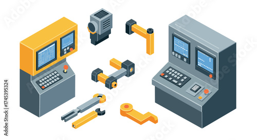 Isometric industrial equipment set with control panels and robotic arms