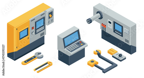 Isometric industrial cnc machines with control panels and tools