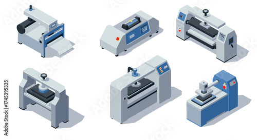 Isometric industrial machinery set featuring modern cnc and printing equipment