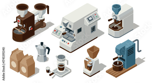 Isometric coffee equipment collection with modern espresso machines and brewing accessories