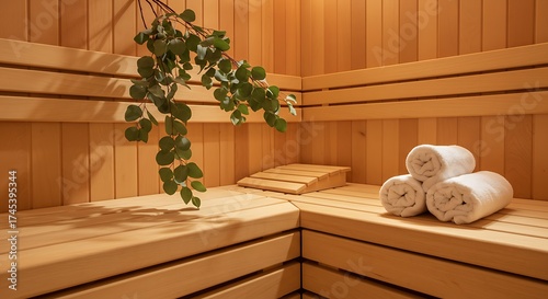 Warm Wooden Sauna Interior with Rolled Towels and Green Plant