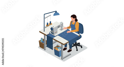 Isometric seamstress at work in modern sewing studio with sewing machine